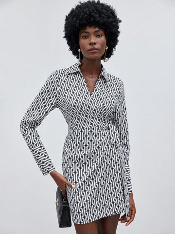 Women's Full Printed V-Neck Wrap Over Long Sleeve Dress