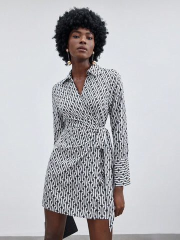 Women's Full Printed V-Neck Wrap Over Long Sleeve Dress