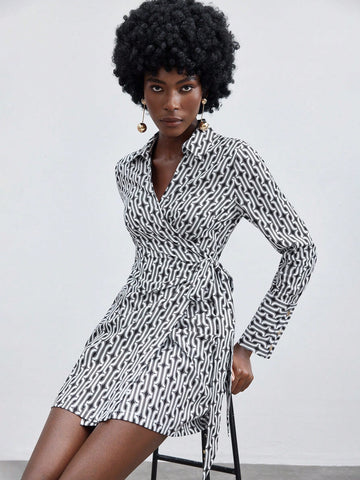 Women's Full Printed V-Neck Wrap Over Long Sleeve Dress