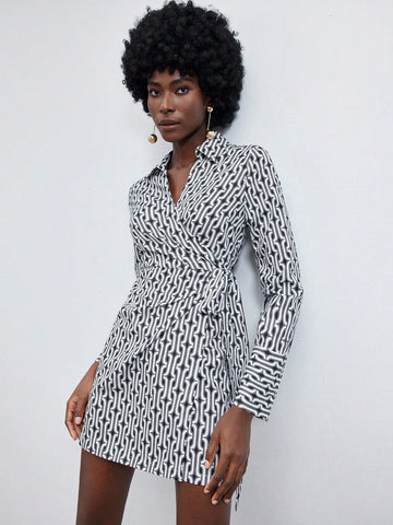 Women's Full Printed V-Neck Wrap Over Long Sleeve Dress