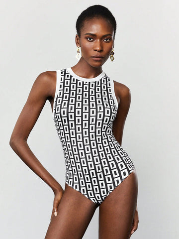 Women's Geometric Printed Sleeveless Bodysuit