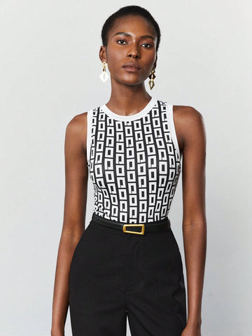 Women's Stand Collar Geometric Printed Bodysuit