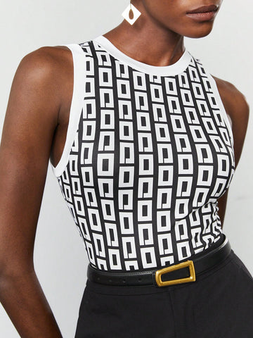 Women's Geometric Printed Sleeveless Bodysuit