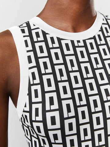 Women's Stand Collar Geometric Printed Bodysuit