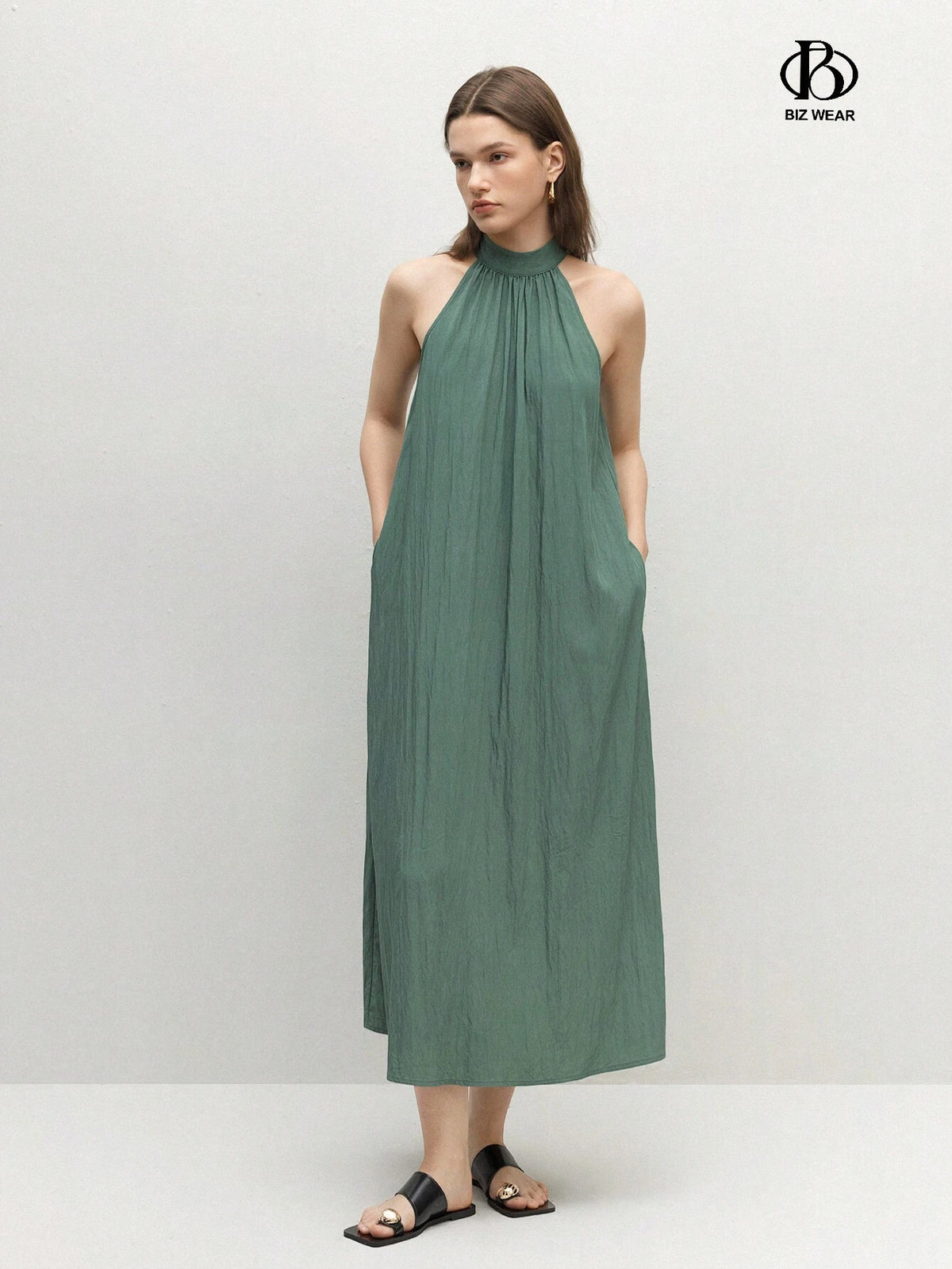 Women's High Neck Ruffle Hem A-Line Dress With Necktie
