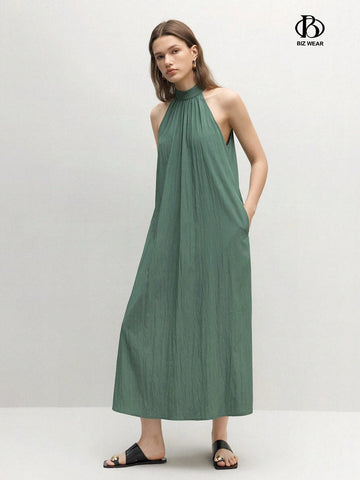 Women's High Neck Ruffle Hem A-Line Dress With Necktie