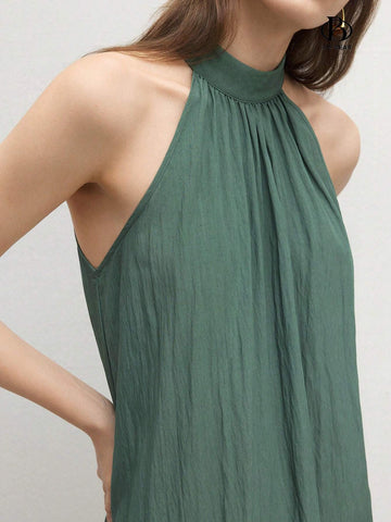 Women's High Neck Ruffle Hem A-Line Dress With Necktie