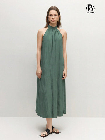 Women's High Neck Ruffle Hem A-Line Dress With Necktie