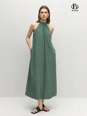 Women's High Neck Ruffle Hem A-Line Dress With Necktie