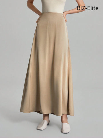 BIZwear Women's High Waist Satin Feeling Khaki Color Solid Color Pleated Skirt