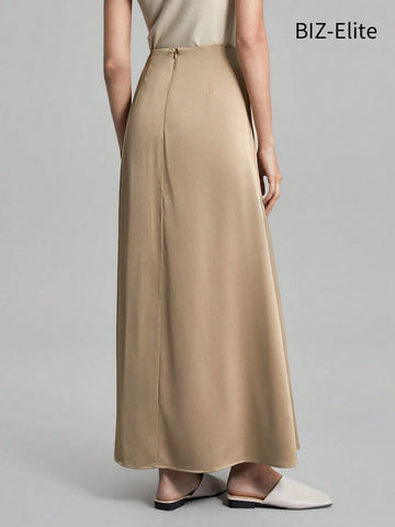 BIZwear Women's High Waist Satin Feeling Khaki Color Solid Color Pleated Skirt