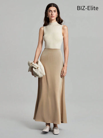 BIZwear Women's High Waist Satin Feeling Khaki Color Solid Color Pleated Skirt