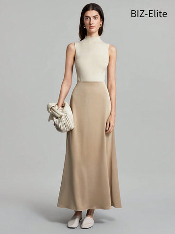 BIZwear Women's High Waist Satin Feeling Khaki Color Solid Color Pleated Skirt