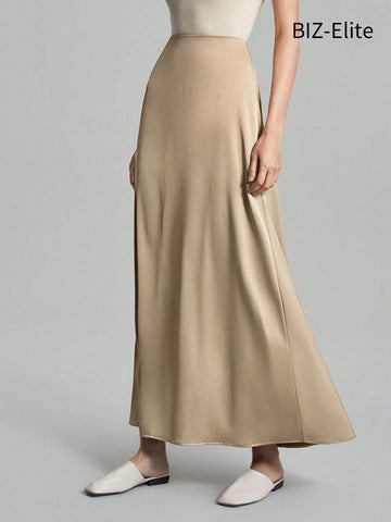 BIZwear Women's High Waist Satin Feeling Khaki Color Solid Color Pleated Skirt