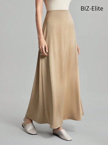 BIZwear Women's High Waist Satin Feeling Khaki Color Solid Color Pleated Skirt