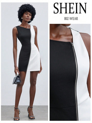 Women's Irregular V-Neck, Zipper, Slim-Fit, Color-Contrast Dress