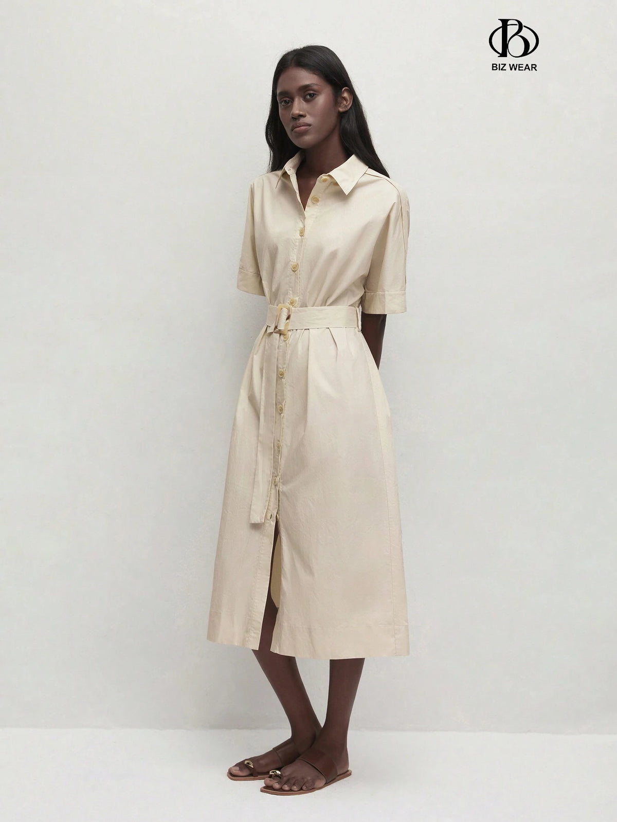 Women's Lapel Collar Buttoned Waist Belted Casual Dress