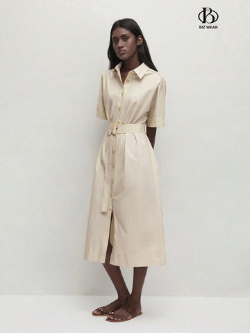 Women's Lapel Collar Buttoned Waist Belted Casual Dress