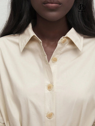 Women's Lapel Collar Buttoned Waist Belted Casual Dress