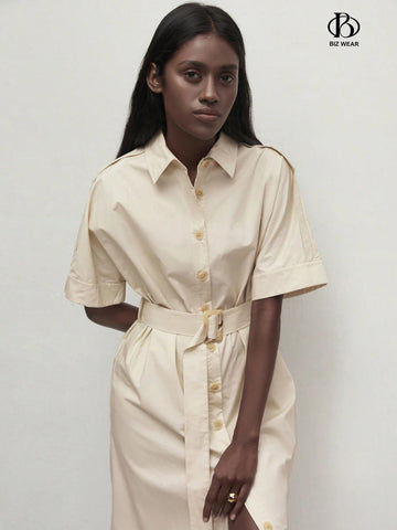 Women's Lapel Collar Buttoned Waist Belted Casual Dress