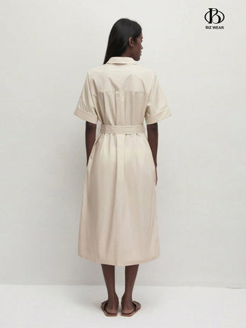 Women's Lapel Collar Buttoned Waist Belted Casual Dress