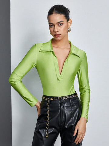 Women's Lapel Collar Long Sleeve Bodysuit