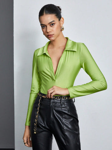 Women's Lapel Collar Long Sleeve Bodysuit