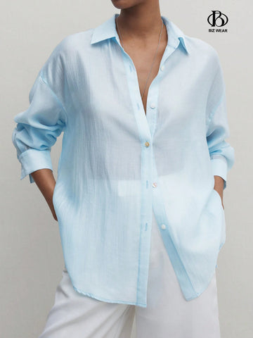 BIZwear Women's Loose Blue Long Sleeve Turn-Down Collar Shirt