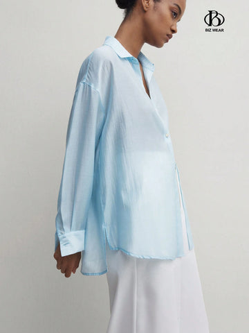 BIZwear Women's Loose Blue Long Sleeve Turn-Down Collar Shirt