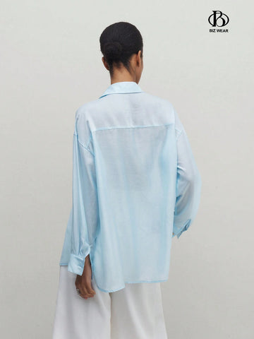 BIZwear Women's Loose Blue Long Sleeve Turn-Down Collar Shirt