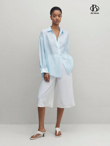 BIZwear Women's Loose Blue Long Sleeve Turn-Down Collar Shirt