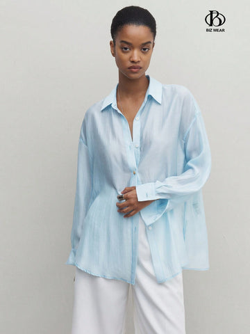 BIZwear Women's Loose Blue Long Sleeve Turn-Down Collar Shirt