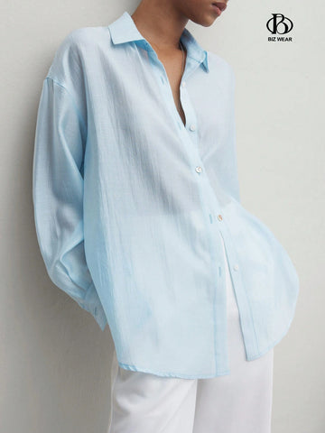 BIZwear Women's Loose Blue Long Sleeve Turn-Down Collar Shirt