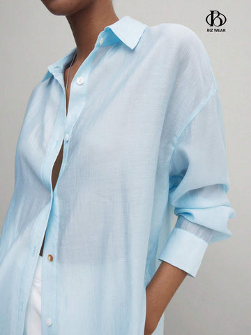 BIZwear Women's Loose Blue Long Sleeve Turn-Down Collar Shirt