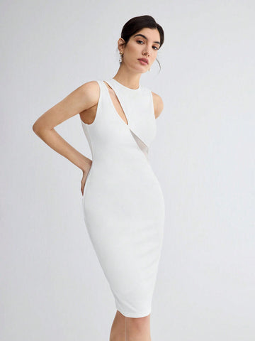 Women's Mesh Panel Round Neck Sleeveless Dress