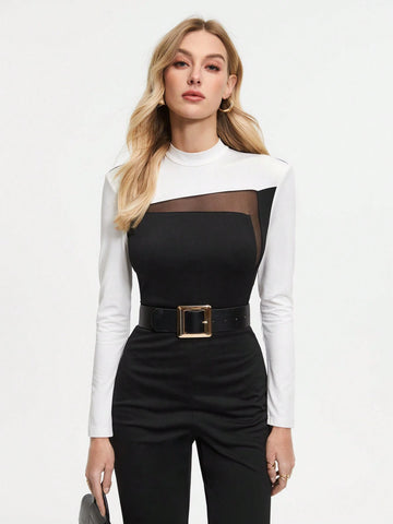 Women's Mesh Stitching Color Collision Flared Jumpsuit