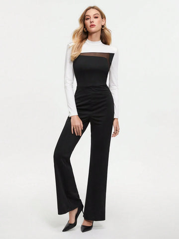 Women's Mesh Stitching Color Collision Flared Jumpsuit