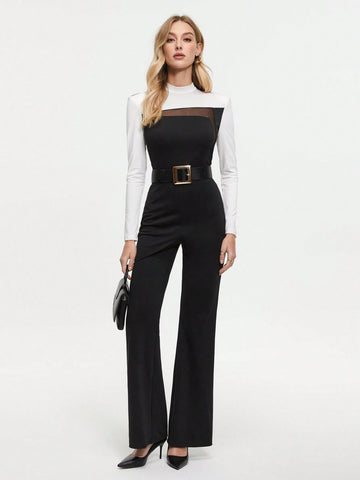 Women's Mesh Stitching Color Collision Flared Jumpsuit
