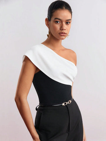 Women's Off-shoulder Belted Bodysuit With Colorblocking Design