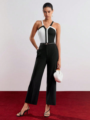 Women's Open Shoulder Belted Bodysuit With Colorblock Design