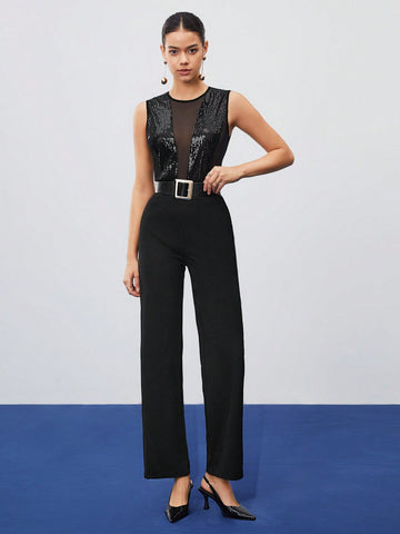 Women's Patchwork Lace And Sequin Embellished Jumpsuit