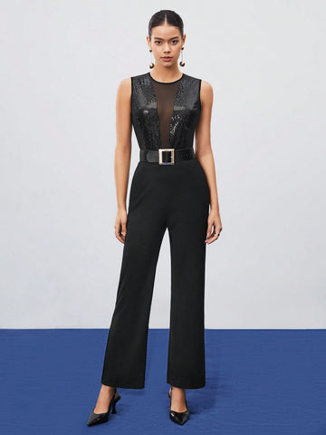 Women's Patchwork Lace And Sequin Embellished Jumpsuit