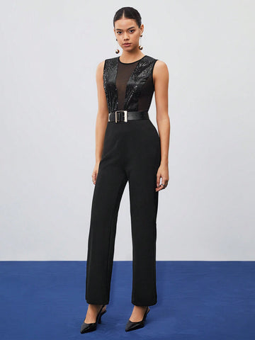 Women's Patchwork Lace And Sequin Embellished Jumpsuit