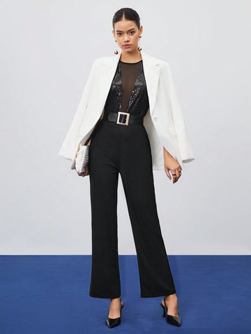 Women's Patchwork Lace And Sequin Embellished Jumpsuit