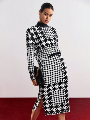 Women's Plaid Stand Collar Top And Skirt Set