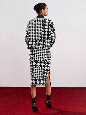 Women's Plaid Stand Collar Top And Skirt Set