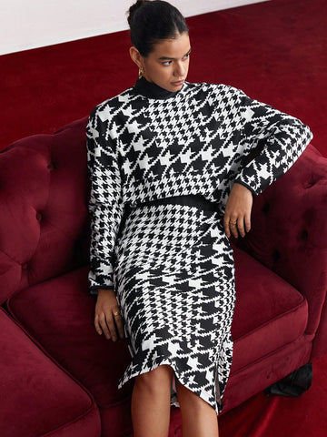 Women's Plaid Stand Collar Top And Skirt Set