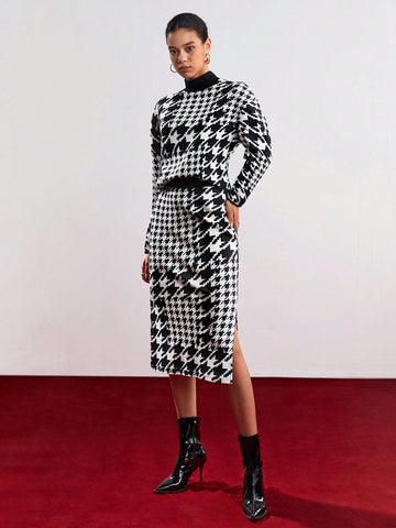 Women's Plaid Stand Collar Top And Skirt Set