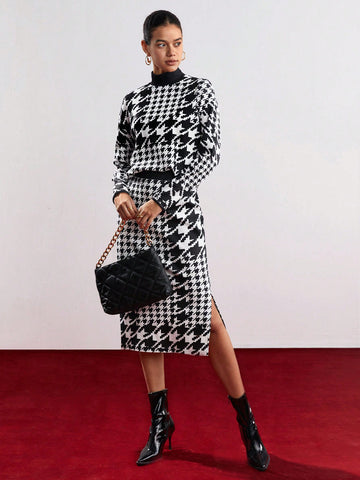 Women's Plaid Stand Collar Top And Skirt Set