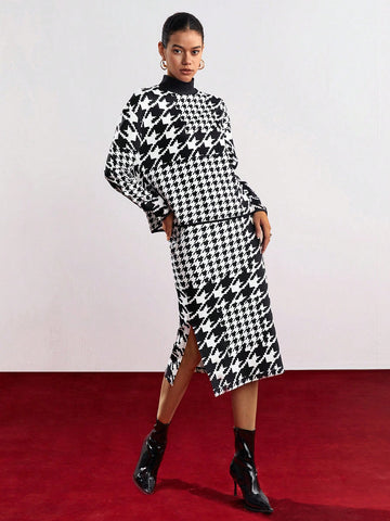 Women's Plaid Stand Collar Top And Skirt Set